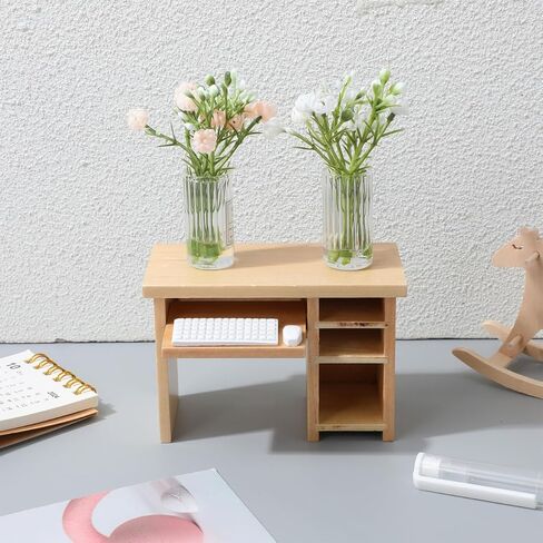 Garneck Dollhouse Miniature Office Computer Desk Table with Mouse and Keyboard 1：12 Scale Small Writing Desk Wood Miniature Fairy Garden House Furniture Decoration in Saudi Arabia