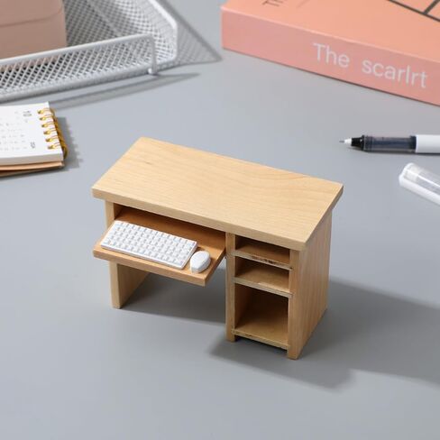 Garneck Dollhouse Miniature Office Computer Desk Table with Mouse and Keyboard 1：12 Scale Small Writing Desk Wood Miniature Fairy Garden House Furniture Decoration in Saudi Arabia