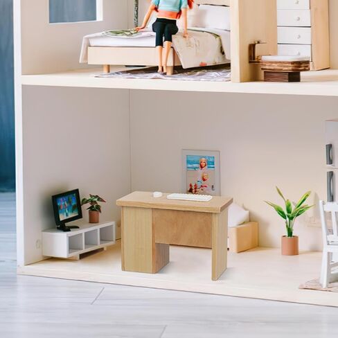 Garneck Dollhouse Miniature Office Computer Desk Table with Mouse and Keyboard 1：12 Scale Small Writing Desk Wood Miniature Fairy Garden House Furniture Decoration in Saudi Arabia