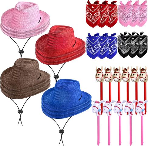36 Pcs Cowboy Party Costume Set, Cowboy Hats Paisley Bandanas Inflatable Stick Horses for Kids Party Supplies in Saudi Arabia