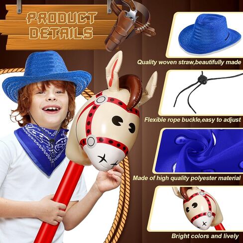 36 Pcs Cowboy Party Costume Set, Cowboy Hats Paisley Bandanas Inflatable Stick Horses for Kids Party Supplies in Saudi Arabia