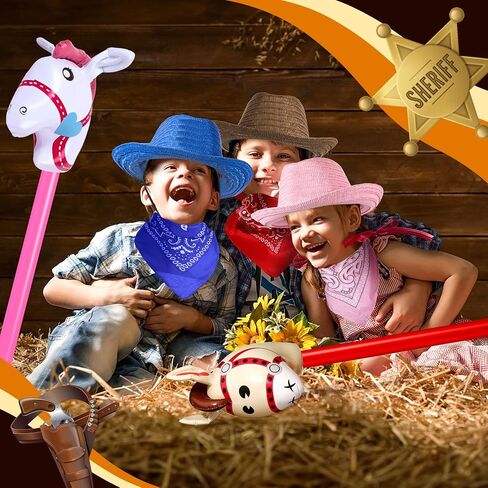 36 Pcs Cowboy Party Costume Set, Cowboy Hats Paisley Bandanas Inflatable Stick Horses for Kids Party Supplies in Saudi Arabia