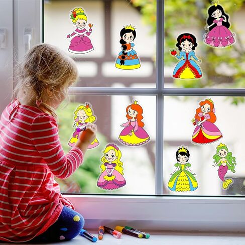 30Pcs Color Your Own Princess Suncatcher Craft Kit Princess Painting Window Art Clings DIY Coloring Glass & Mirror Craft Kit Back to School Classroom Party Activity decor Coloring Games Gifts for Kids in Saudi Arabia