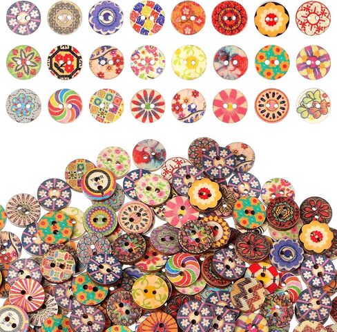 300Pcs Vintage Wooden Buttons for Crafts, Assorted Floral Patterns Decorative Buttons 1.5cm/0.59 Inch Double Hole Round Small Button for DIY Craft Sewing Knitting Crocheting in Saudi Arabia
