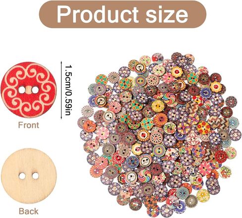 300Pcs Vintage Wooden Buttons for Crafts, Assorted Floral Patterns Decorative Buttons 1.5cm/0.59 Inch Double Hole Round Small Button for DIY Craft Sewing Knitting Crocheting in Saudi Arabia