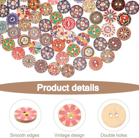 300Pcs Vintage Wooden Buttons for Crafts, Assorted Floral Patterns Decorative Buttons 1.5cm/0.59 Inch Double Hole Round Small Button for DIY Craft Sewing Knitting Crocheting in Saudi Arabia