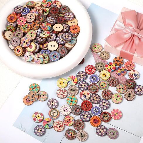 300Pcs Vintage Wooden Buttons for Crafts, Assorted Floral Patterns Decorative Buttons 1.5cm/0.59 Inch Double Hole Round Small Button for DIY Craft Sewing Knitting Crocheting in Saudi Arabia