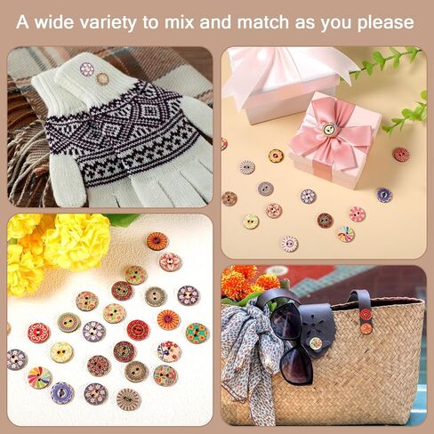 300Pcs Vintage Wooden Buttons for Crafts, Assorted Floral Patterns Decorative Buttons 1.5cm/0.59 Inch Double Hole Round Small Button for DIY Craft Sewing Knitting Crocheting in Saudi Arabia