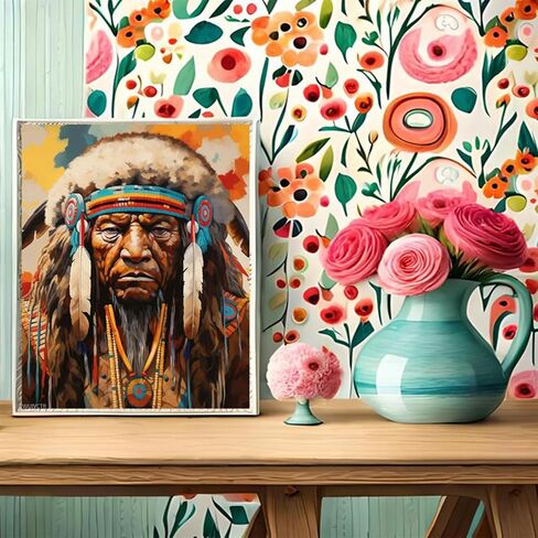 Wuivctr DIY Paint بأرقام للبالغين من الكتان القماش الإجهاد الأكريليك أقل عدد هدايا الطلاء ديكور المنزل ، رئيس قبيلة بوفالو البرية الهندية ، 40x50 سم ، بدون إطار in Kuwait