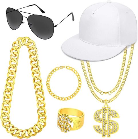 6 PCS Halloween Hip Hop Costume Rapper Outfit Kit Strasses Necklace Baseball Cap Bracelet للرجال in Kuwait