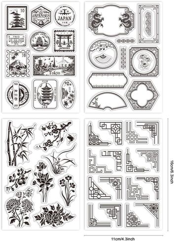 GLOBLELAND 4 Sheets Japanese Label Postmark Clear Stamps for Card Making Plants Flowers Silicone Clear Stamp Seals Corner Frame Transparent Stamps for DIY Scrapbooking Journals in Saudi Arabia