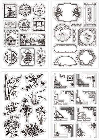 GLOBLELAND 4 Sheets Japanese Label Postmark Clear Stamps for Card Making Plants Flowers Silicone Clear Stamp Seals Corner Frame Transparent Stamps for DIY Scrapbooking Journals in Saudi Arabia