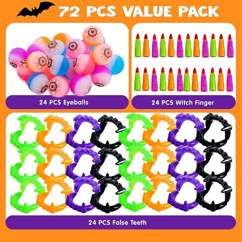 JOYIN 72 PCS Halloween Party Favors Game Toy Gifts-Scary Eyeballs, Witch Fingers and Vampire Teeth Set for Kids Child Trick or Treat Party Supplies, Gift Exchange, Halloween Carnival Game Prizes in Saudi Arabia