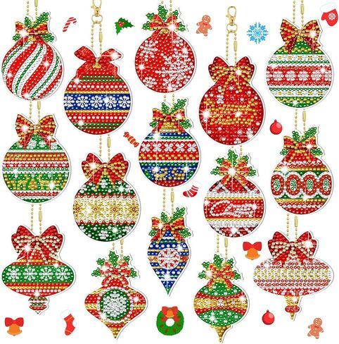 BBTO 15 Pcs Christmas Diamond Painting Keychain Balls DIY Diamond Painting Ornaments Hanging Art Kits Red Green Ornaments Key Chains for Christmas Party Decoration in Saudi Arabia