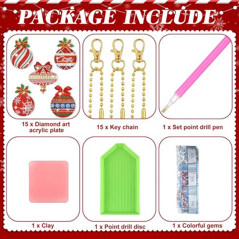 BBTO 15 Pcs Christmas Diamond Painting Keychain Balls DIY Diamond Painting Ornaments Hanging Art Kits Red Green Ornaments Key Chains for Christmas Party Decoration in Saudi Arabia