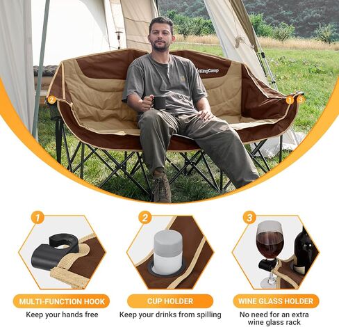 KingCamp Double Camping Chair, Outdoor Folding Loveseat Camping Chair for 2 Person, Extra Large Heavy Duty Camping Couch for Campsites, Soccer Games, Backyard with Cup Holder Arm Rest, Support 600 LBS in Saudi Arabia