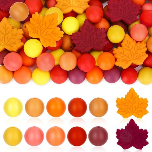 110Pcs Fall Silicone Beads Maple Leaf Focal Beads Autumn Warm Colors Round Spacer Bead Mix Color Bulk Bead for DIY Crafts Jewelry Necklaces Bracelets Keychain Making in Saudi Arabia