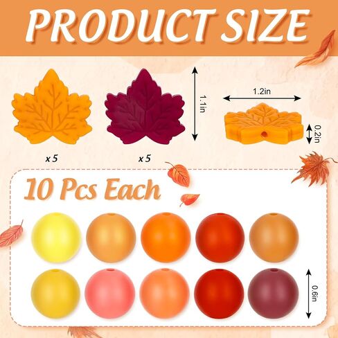 110Pcs Fall Silicone Beads Maple Leaf Focal Beads Autumn Warm Colors Round Spacer Bead Mix Color Bulk Bead for DIY Crafts Jewelry Necklaces Bracelets Keychain Making in Saudi Arabia