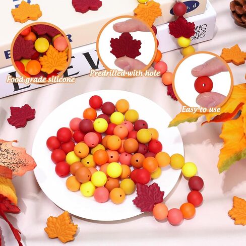 110Pcs Fall Silicone Beads Maple Leaf Focal Beads Autumn Warm Colors Round Spacer Bead Mix Color Bulk Bead for DIY Crafts Jewelry Necklaces Bracelets Keychain Making in Saudi Arabia