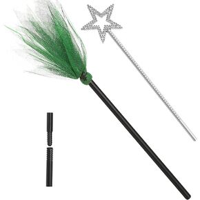 2 Packs Halloween Witches Broom and Witch Wands Star, Fairy Princess Wand Broomstick Cosplay Costume Props for Masquerade Dress up Party Favors (Pink and Green) in Kuwait