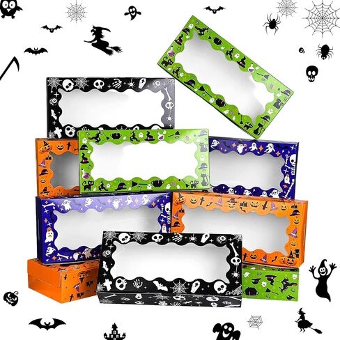 16Pcs Halloween Treat Boxes Halloween Cookie Boxes with Window Ghost Boo Pumpkin Skull Black Cat Pattern Bakery Boxes for Cupcake Candies Donuts for Trick or Treat Party Supplies in Saudi Arabia