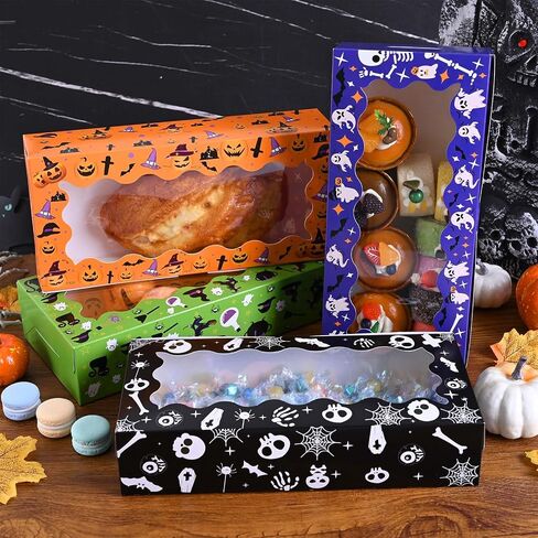16Pcs Halloween Treat Boxes Halloween Cookie Boxes with Window Ghost Boo Pumpkin Skull Black Cat Pattern Bakery Boxes for Cupcake Candies Donuts for Trick or Treat Party Supplies in Saudi Arabia