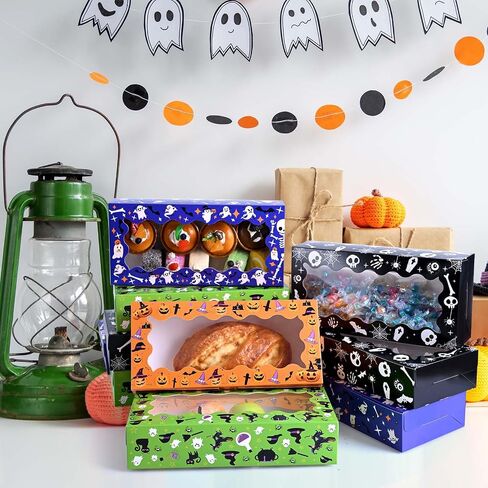 16Pcs Halloween Treat Boxes Halloween Cookie Boxes with Window Ghost Boo Pumpkin Skull Black Cat Pattern Bakery Boxes for Cupcake Candies Donuts for Trick or Treat Party Supplies in Saudi Arabia