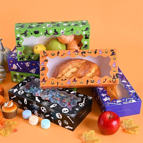 16Pcs Halloween Treat Boxes Halloween Cookie Boxes with Window Ghost Boo Pumpkin Skull Black Cat Pattern Bakery Boxes for Cupcake Candies Donuts for Trick or Treat Party Supplies in Saudi Arabia