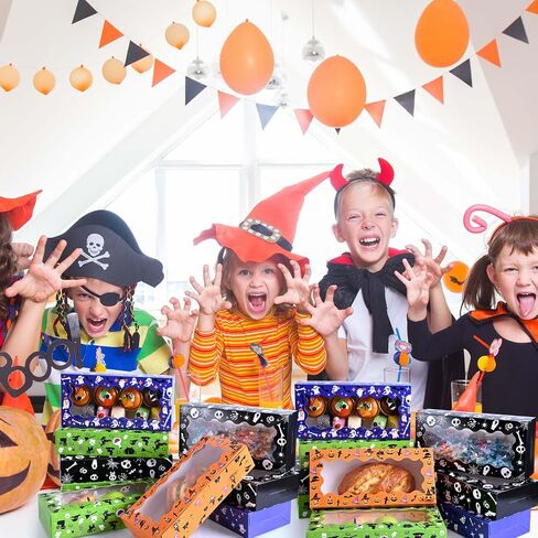 16Pcs Halloween Treat Boxes Halloween Cookie Boxes with Window Ghost Boo Pumpkin Skull Black Cat Pattern Bakery Boxes for Cupcake Candies Donuts for Trick or Treat Party Supplies in Saudi Arabia