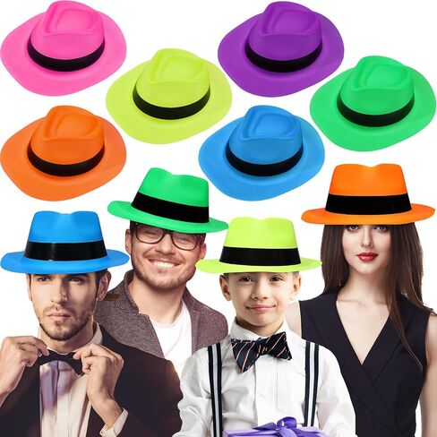 Handepo 96 Pcs Neon Gangster Hats 12 Inch Neon Hats for Glow Party Mafia Style Party Bright Dress Decor for Music Disco Props Favors Photo Booth Gangster Decorations in Saudi Arabia