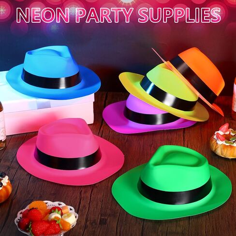 Handepo 96 Pcs Neon Gangster Hats 12 Inch Neon Hats for Glow Party Mafia Style Party Bright Dress Decor for Music Disco Props Favors Photo Booth Gangster Decorations in Saudi Arabia