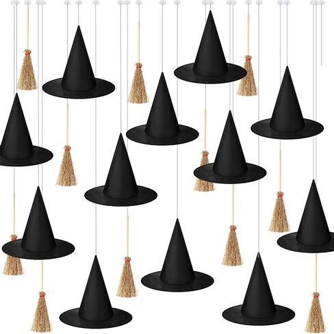 SATINIOR 24 Pcs Halloween Decorations 12 Pcs Mini Witch Hats and 12 Pcs Mini Broom Include Hanging Rope and Seamless Hooks for Halloween Witch Party Decorations Witch Craft Floating Witch Hats in Saudi Arabia