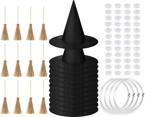 SATINIOR 24 Pcs Halloween Decorations 12 Pcs Mini Witch Hats and 12 Pcs Mini Broom Include Hanging Rope and Seamless Hooks for Halloween Witch Party Decorations Witch Craft Floating Witch Hats in Saudi Arabia