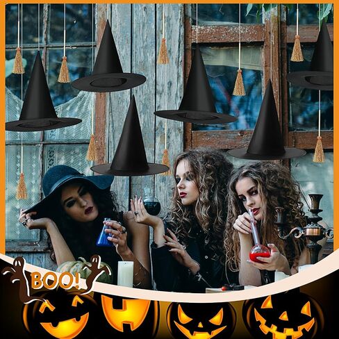 SATINIOR 24 Pcs Halloween Decorations 12 Pcs Mini Witch Hats and 12 Pcs Mini Broom Include Hanging Rope and Seamless Hooks for Halloween Witch Party Decorations Witch Craft Floating Witch Hats in Saudi Arabia