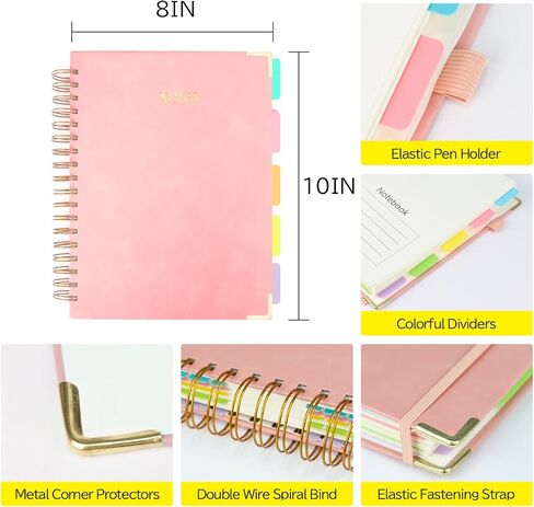 Layway 5 Subject College Ruled Notebook, Hardcover Spiral with Removable Dividers - 8x10 Inch 300 Pages No Bleed Paper for School, College, Work, Students (Pink) in Kuwait