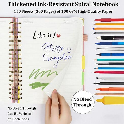 Layway 5 Subject College Ruled Notebook, Hardcover Spiral with Removable Dividers - 8x10 Inch 300 Pages No Bleed Paper for School, College, Work, Students (Pink) in Kuwait
