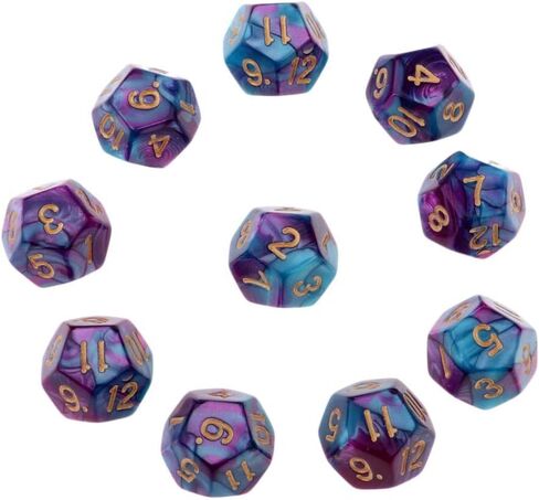 مجموعة من 10 D12 Polyhedron Dice للعبة D&D TRPG - الزهر المحمول الوزن مع ألوان مزدوجة للمشغلات على الطاولة و Wargames - مجموعة نرد 12 من الجوانب - 18 ملم ، الأرجواني+الأزرق in Kuwait