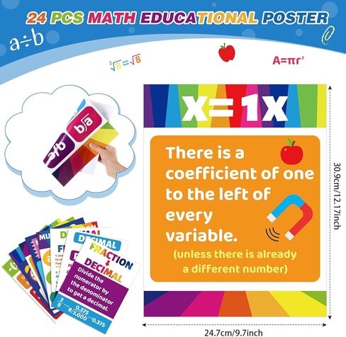 24 Pcs Math Posters for Middle School Algebra Classroom Bulletin Board Decor Fractions Mathematics Classroom Banner Decorations for Teachers Manipulatives(Black,Blackboard Style) in Saudi Arabia