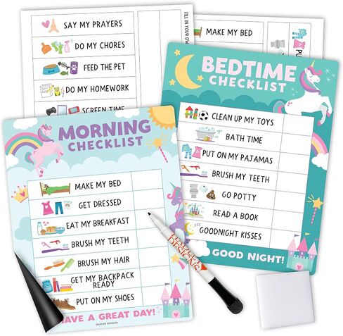 Magnetic Morning & Bedtime Routine Chart for Kids - Customizable Toddler Daily Schedule Board with Dry Erase Surface, Stickers & Marker, Build Habits with Visual Checklists, Unicorn Theme in Saudi Arabia