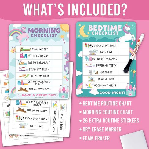 Magnetic Morning & Bedtime Routine Chart for Kids - Customizable Toddler Daily Schedule Board with Dry Erase Surface, Stickers & Marker, Build Habits with Visual Checklists, Unicorn Theme in Saudi Arabia