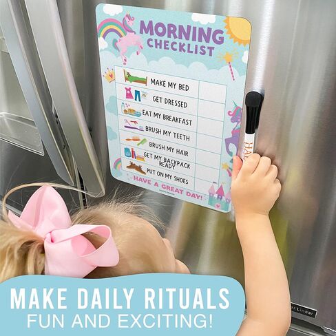 Magnetic Morning & Bedtime Routine Chart for Kids - Customizable Toddler Daily Schedule Board with Dry Erase Surface, Stickers & Marker, Build Habits with Visual Checklists, Unicorn Theme in Saudi Arabia