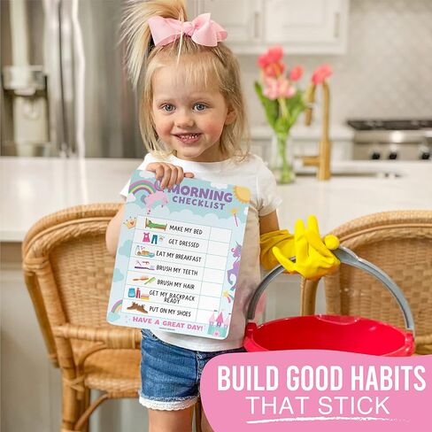 Magnetic Morning & Bedtime Routine Chart for Kids - Customizable Toddler Daily Schedule Board with Dry Erase Surface, Stickers & Marker, Build Habits with Visual Checklists, Unicorn Theme in Saudi Arabia