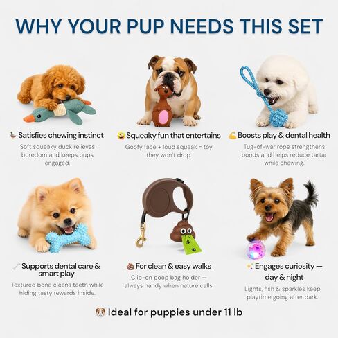 Puppy Toys for Small Dogs - 7 Pack Durable Chew and Teething Toys with Squeaky Plush, Interactive Dog Toys, LED Ball & Poop Bag Dispenser for Toy Breeds & Puppies Under 15 Lbs in Saudi Arabia