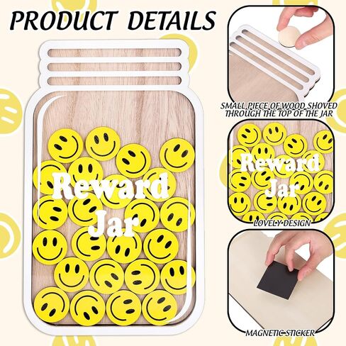 39 Pcs Smile Face Wooden Reward Jar Colored Happy Face Wood Cutouts with Magnetic Sticker Back to School Positive Incentive Behavior Chart for Student Teacher Management in Saudi Arabia