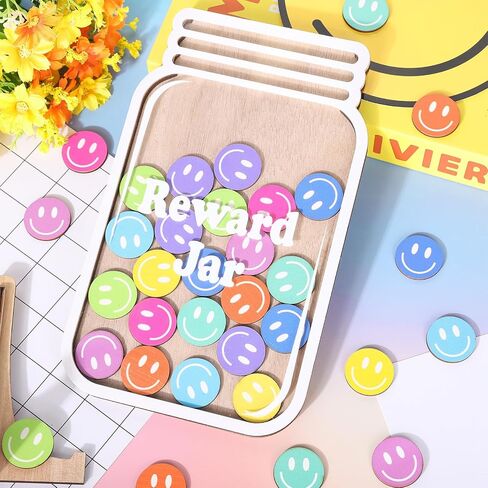 39 PCS Smile Face Wooden Reward Jar Colored Happy Face Wood Clutouts مع ملصق مغناطيسي يعود إلى المدرسة in Kuwait
