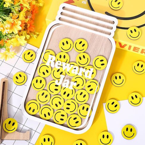 39 Pcs Smile Face Wooden Reward Jar Colored Happy Face Wood Cutouts with Magnetic Sticker Back to School Positive Incentive Behavior Chart for Student Teacher Management in Saudi Arabia