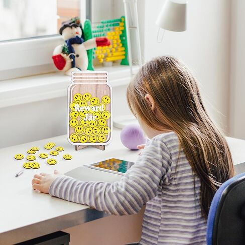 39 Pcs Smile Face Wooden Reward Jar Colored Happy Face Wood Cutouts with Magnetic Sticker Back to School Positive Incentive Behavior Chart for Student Teacher Management in Saudi Arabia
