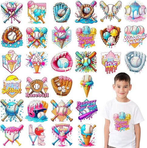 Maitys 30 Sheets Ice Cream Baseball Iron on Transfers Iron على شارات البيسبول فينيل تصحيح الجزء الأكبر لقمصان T -Hoodie ملصقات DIY Craft Team Gift Sport BALL BAG PACOTY DRIDATION in Saudi Arabia
