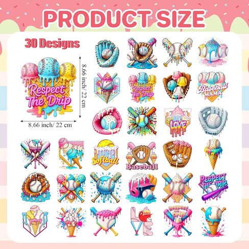 Maitys 30 Sheets Ice Cream Baseball Iron on Transfers Iron على شارات البيسبول فينيل تصحيح الجزء الأكبر لقمصان T -Hoodie ملصقات DIY Craft Team Gift Sport BALL BAG PACOTY DRIDATION in Saudi Arabia