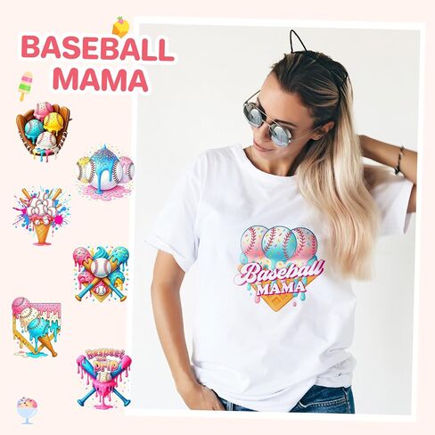 Maitys 30 Sheets Ice Cream Baseball Iron on Transfers Iron على شارات البيسبول فينيل تصحيح الجزء الأكبر لقمصان T -Hoodie ملصقات DIY Craft Team Gift Sport BALL BAG PACOTY DRIDATION in Saudi Arabia